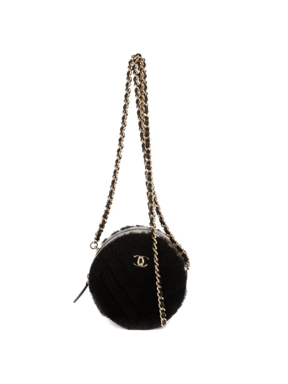 Chanel CC Shearling Chevron Round Crossbody Black Canvasa